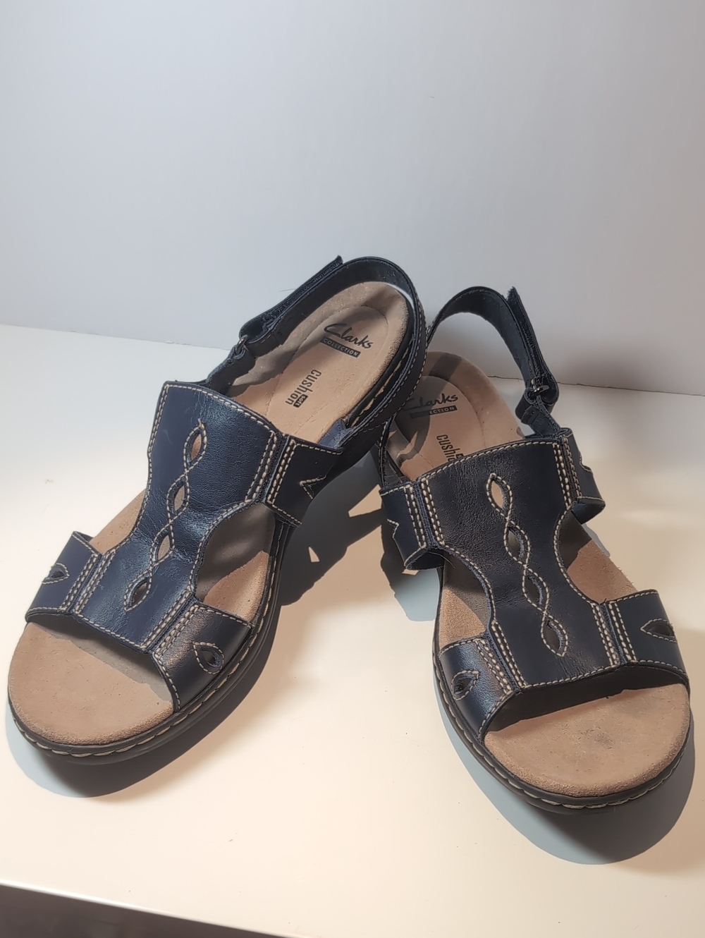 Clarks Navy Blue Leather Women's Sandals with Stitch Detail, Size 10